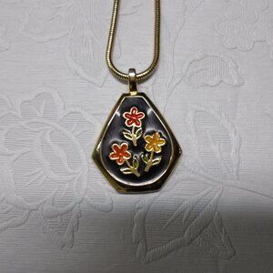 Vintage black stone necklace with red and yellow flowers on rope-like chain